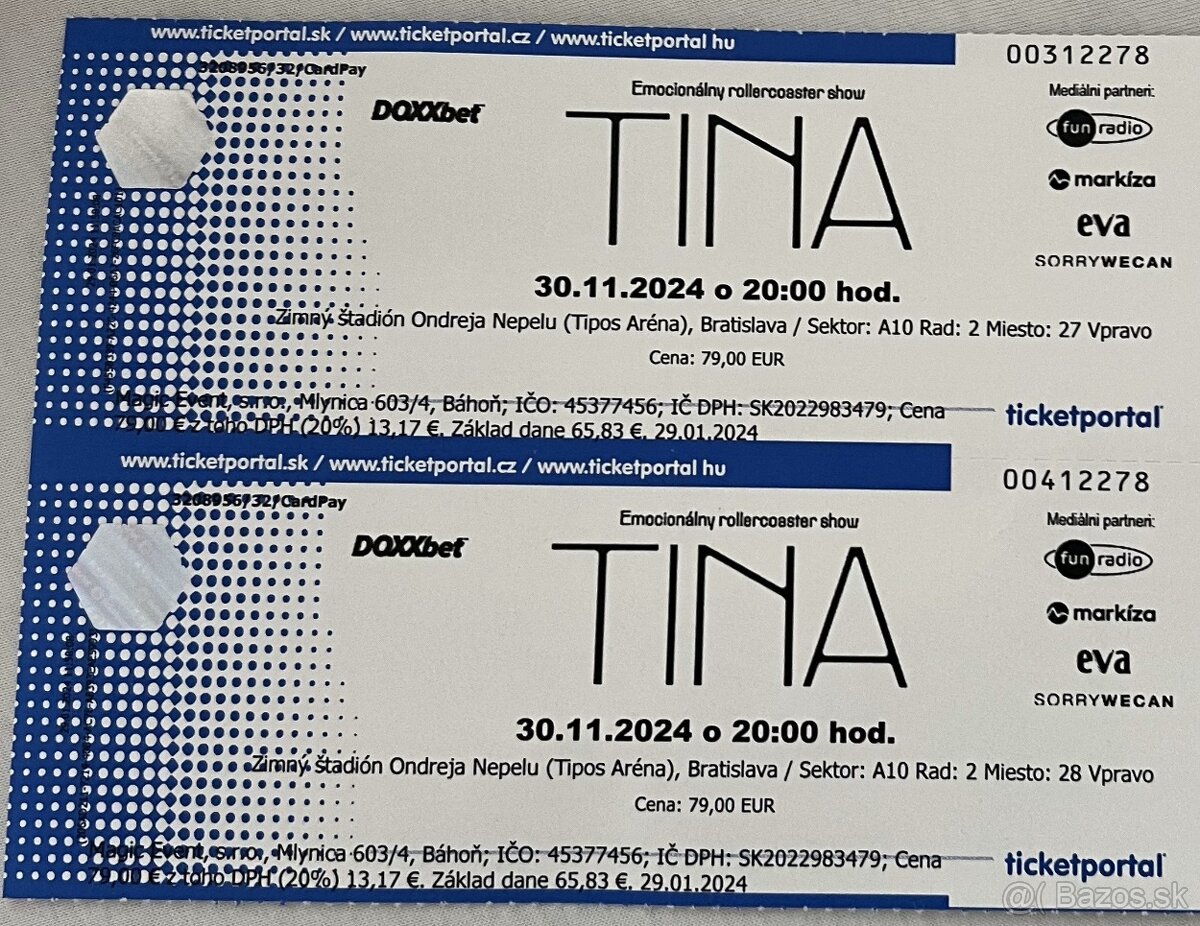 Dva lístky na koncert Tiny 30.11.24, výborné miesta