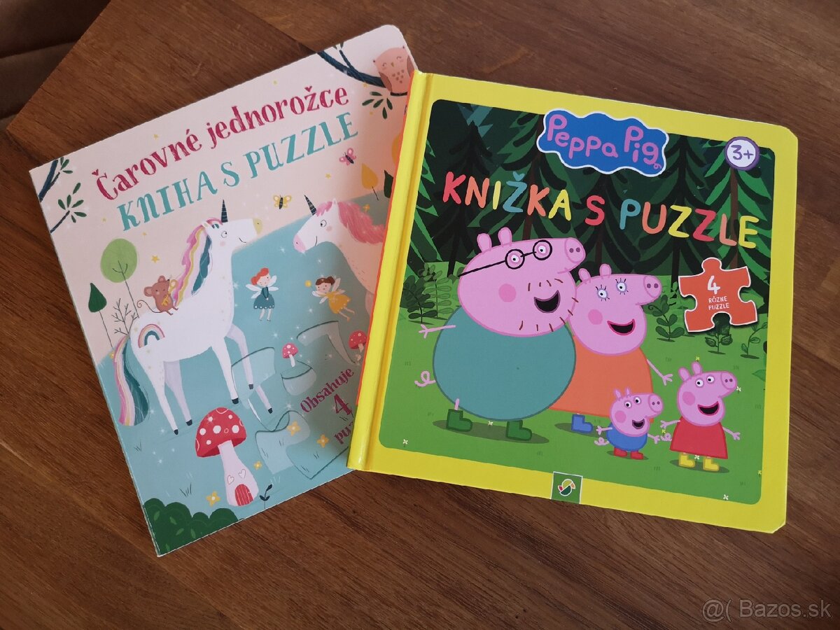 2x Kniha s puzzle Peppa pig a Čarovné jednorožce