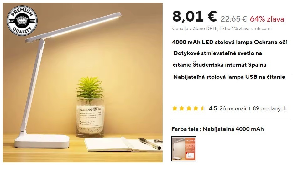 Stolná lampa nabíjateľná  + kábel a adaptér