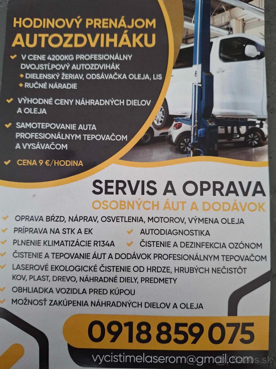 Hodinový prenájom autoservis zdvihák samooprava auta