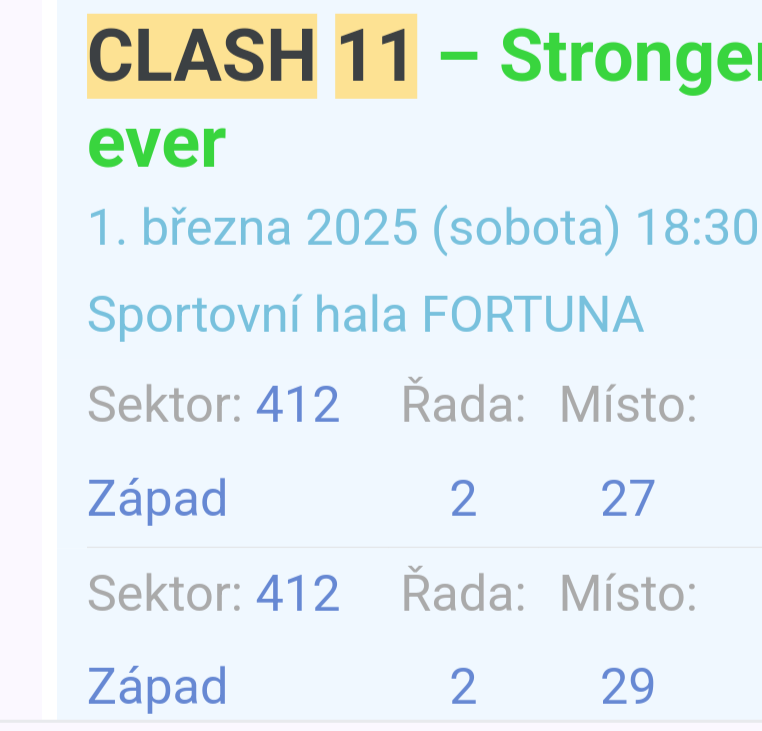 Predám lístky na clash 11 2x lístok sektor 412