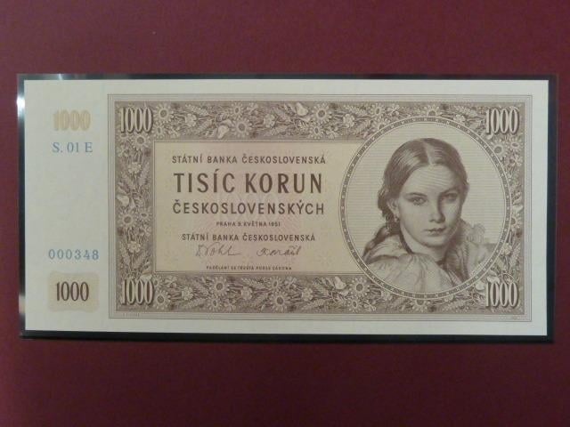 1000 Kčs 1951 série E 01 nevydaná novotisk STC ČNB stav UNC