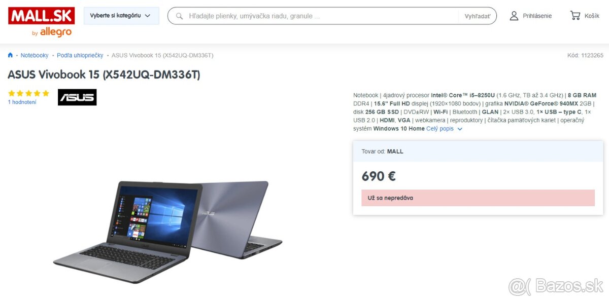 Asus X542UQ, i5-8250U, 940MX, 8GB ram, ssd, zľava -82%