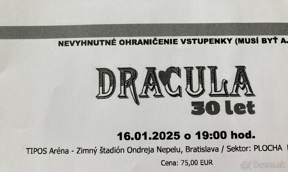 2 vstupenky DRACULA 30 let 16.1.2025 BA