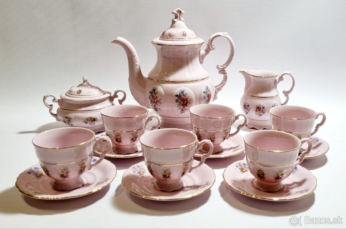 Ruzovy porcelan kavovy set