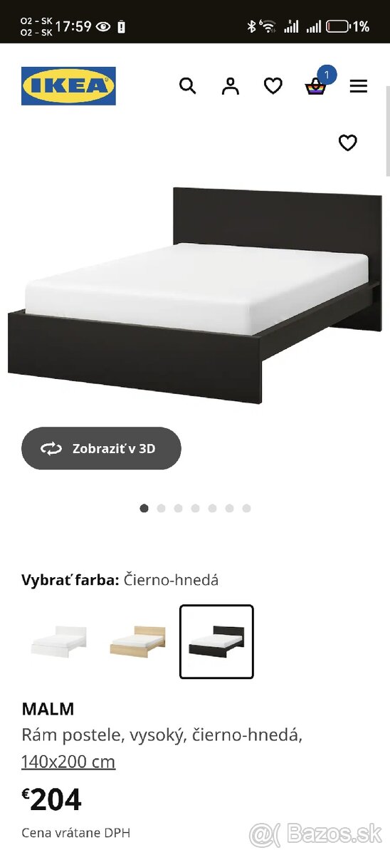 Posteľ ikea malm cierna 140cm s roštom