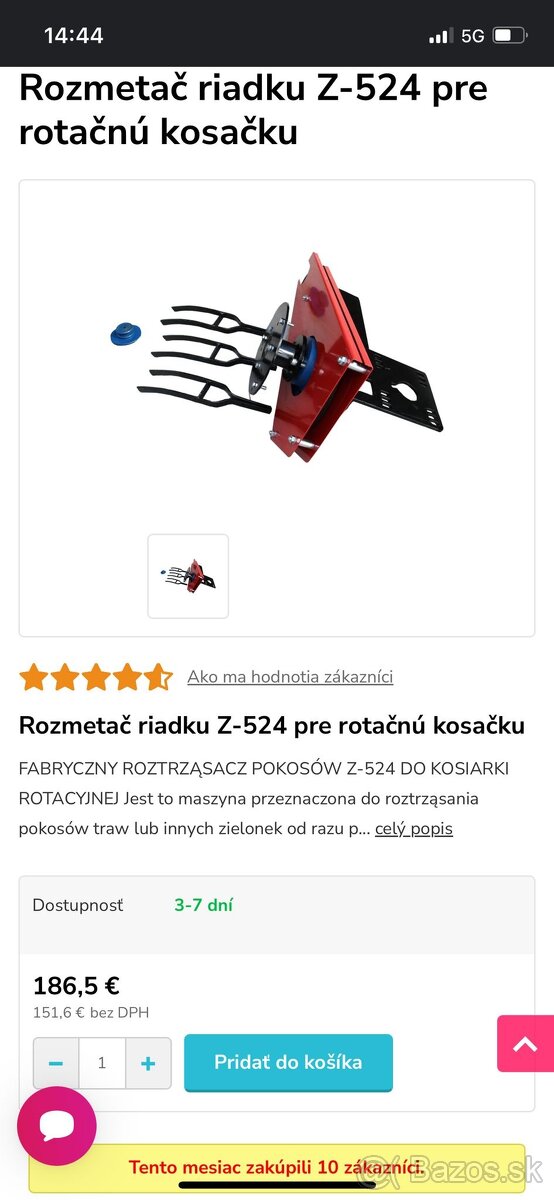 Rozmetavač riadkou pre rotačnú kosačku