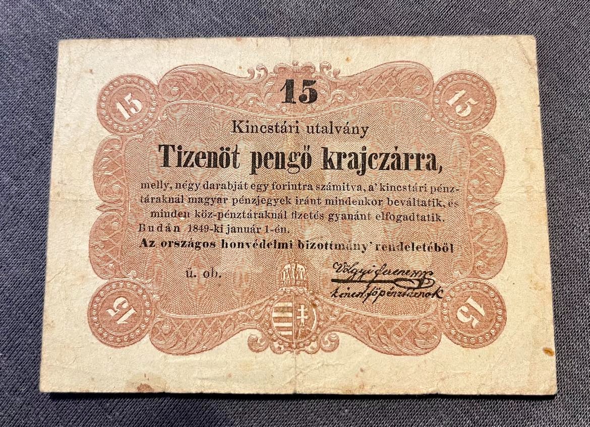 15  pengó krajcárra 1849