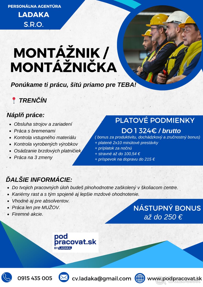 Trenčín- práca len pre MUŽOV -do 1324 €  + stravné