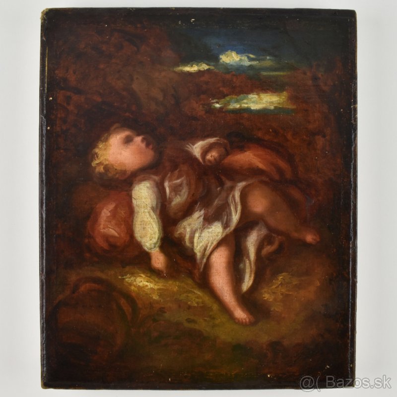 Starožitný obraz olejomaľba 19. storočie Ležiace dieťa