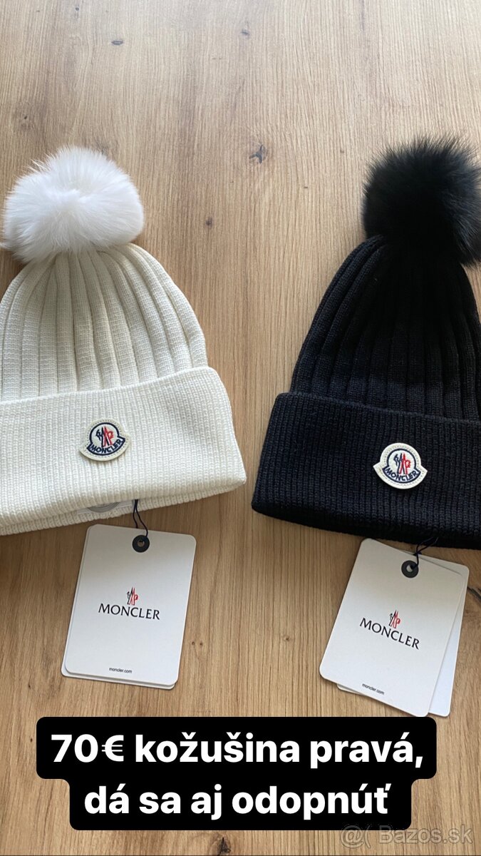 Moncler čiapka biela čierna pravá kožušina