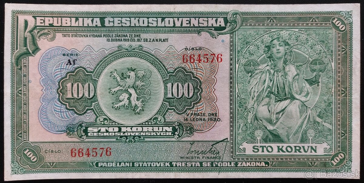 100 KORÚN ČSR ROK 1920 - NEPERFOROVANÁ- VEĽMI VZÁCNA