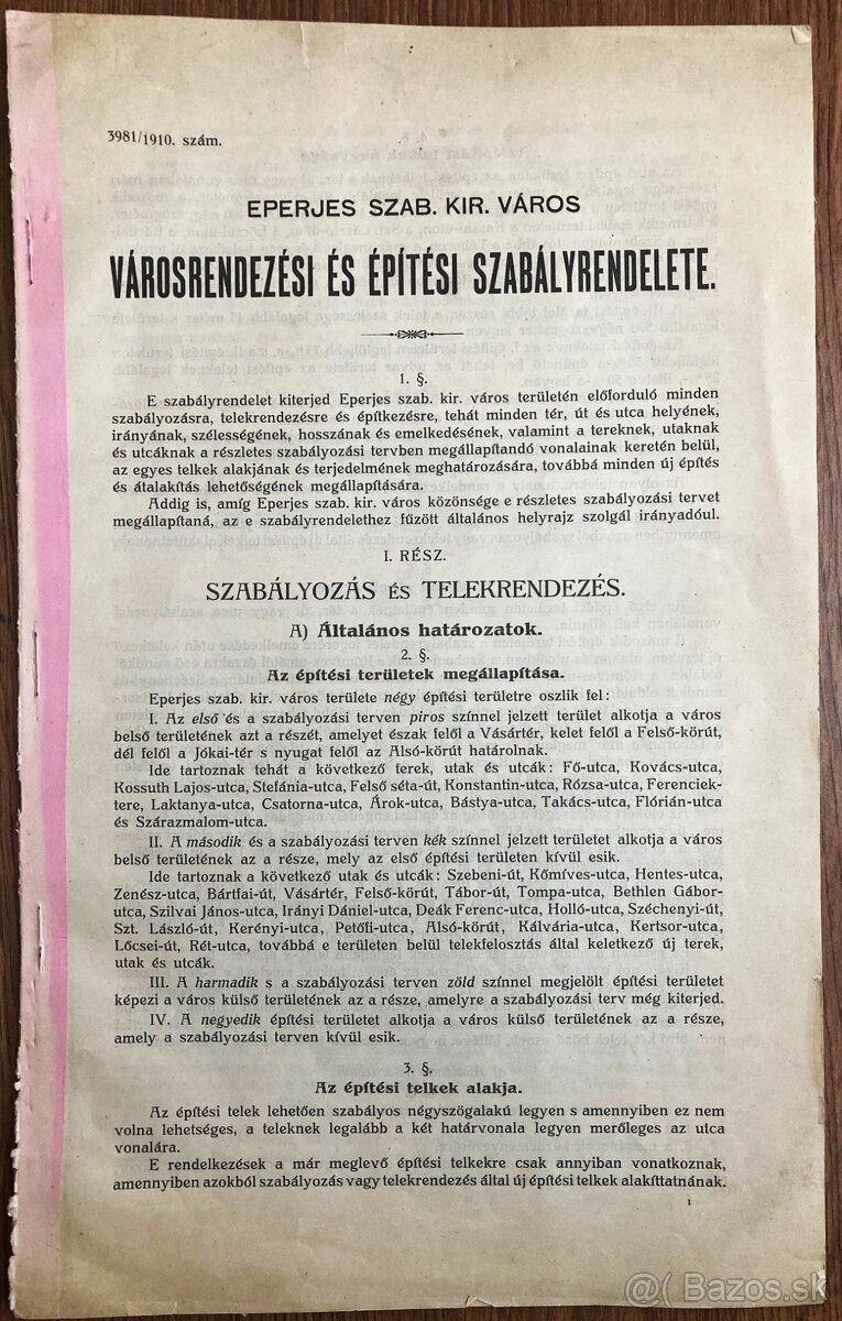 Územné plánovanie a stavebné predpisy mesta Prešov, 1910