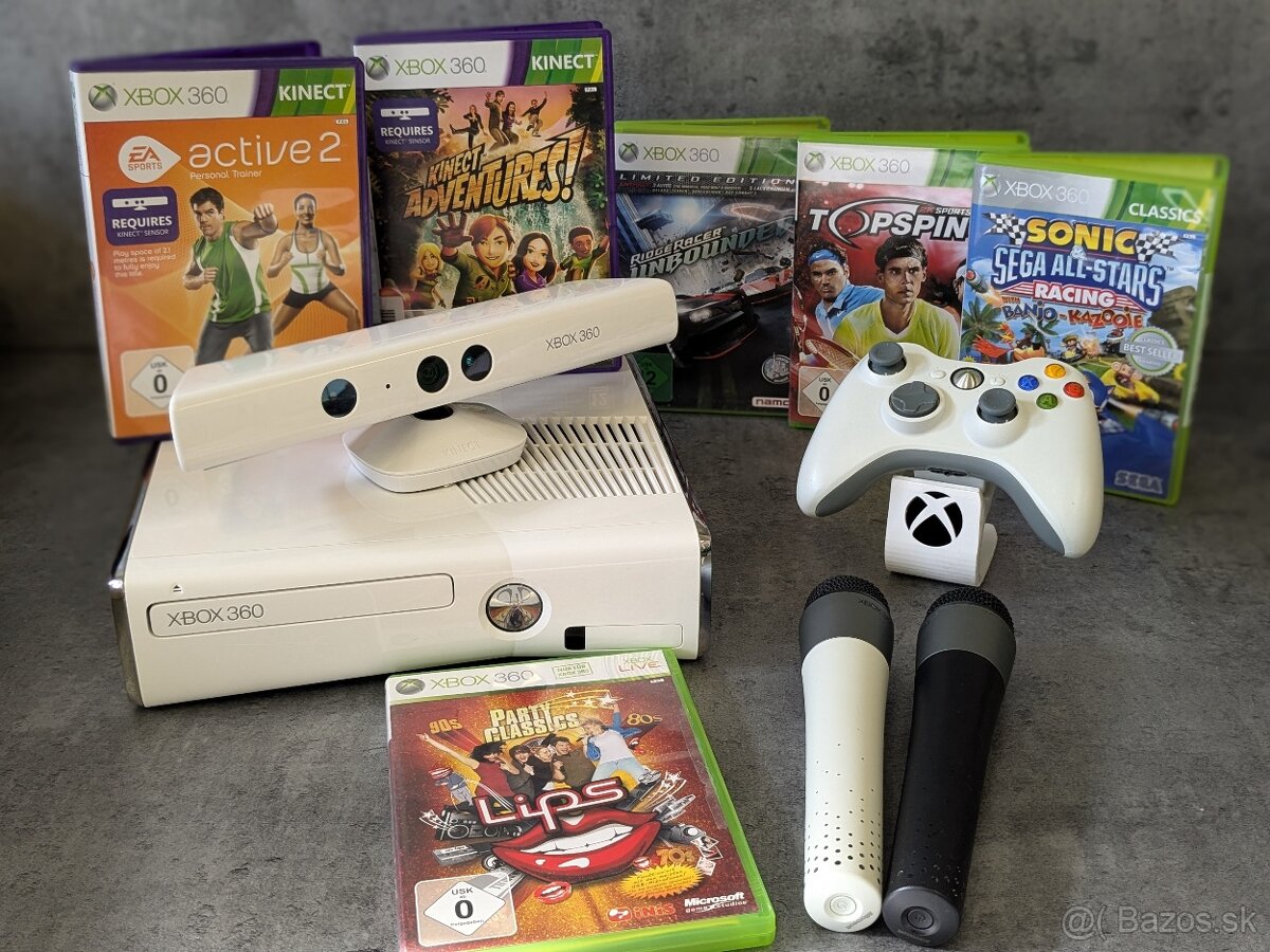 Xbox 360 Slim, HDD, Kinect, ovládač, 2 mikrofóny a hry