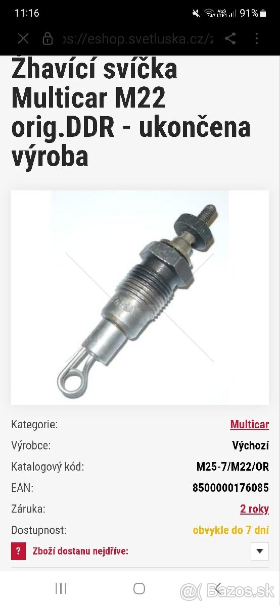 Žhaviaca sviečka Multicar M22 orig.DDR - ukončená výroba