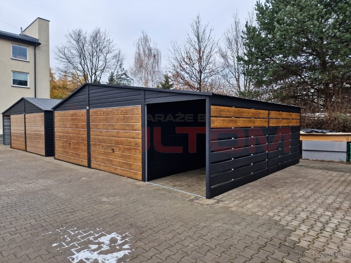 Plechová garáž 6x6m + prístrešok 3x6m s vodorovnými panelmi