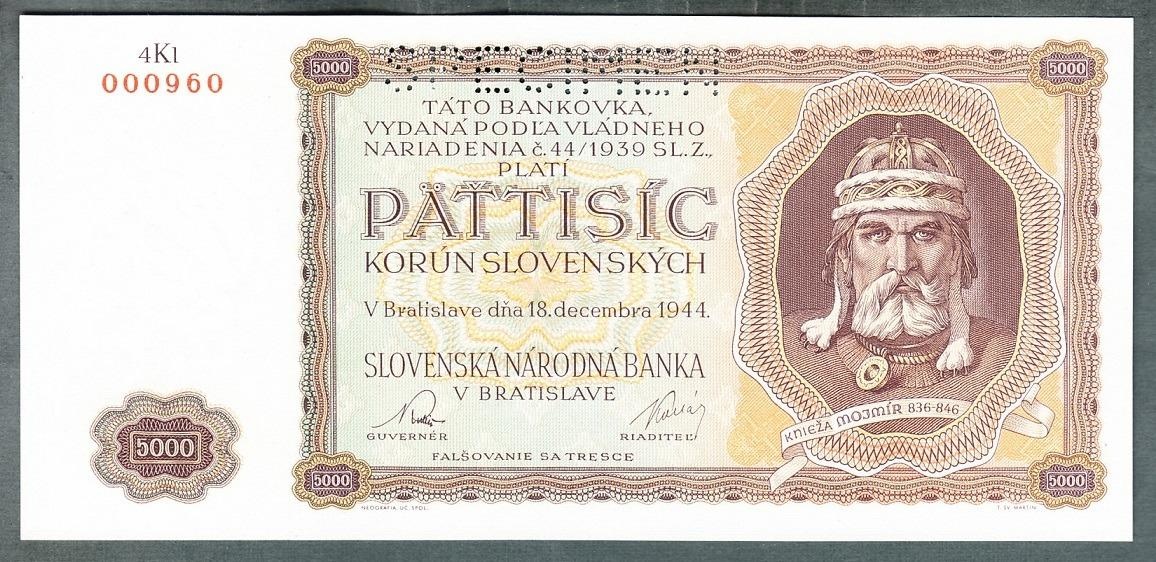 Staré bankovky Slovensko 5000 sk 1944 bezvadný stav UNC, ori