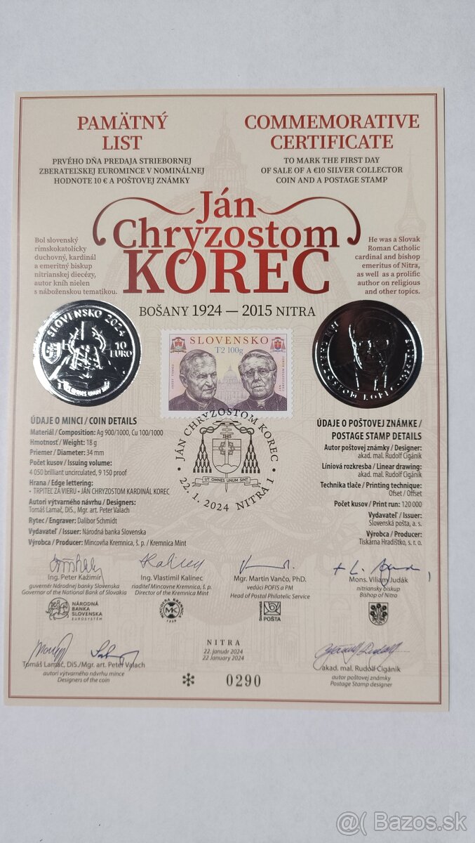 10 eur Slovensko 2024 - Ján Chryzostom Korec - Pamätný list