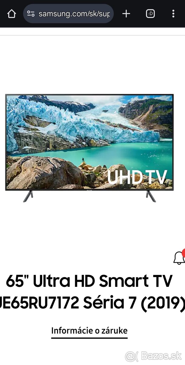 Predám smart tv samsung series7 164 uhlopriečka na náhradné