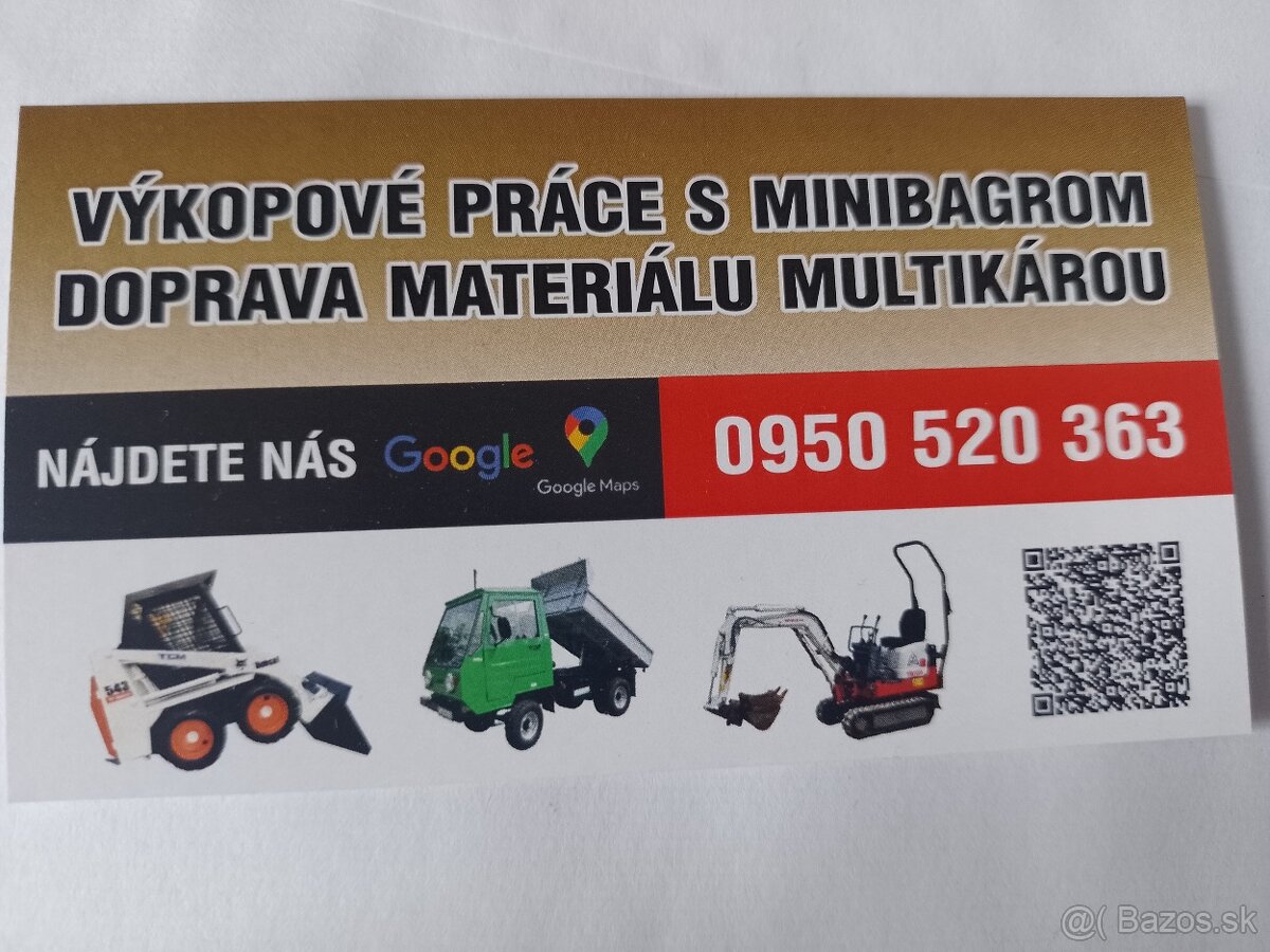 Výkopové a zemné práce minibagrom, doprava.