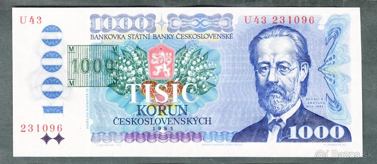 Staré bankovky 1000 kčs 1985 TIŠTĚNÝ KOLEK, bezvadný stav