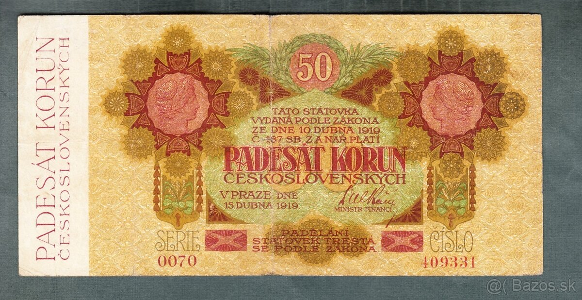 Staré bankovky 50 korun 1919 VELMI VZÁCNÁ