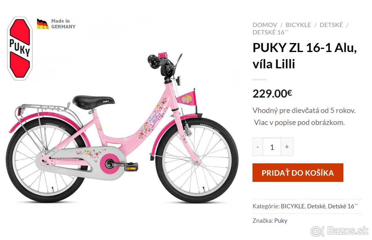 Detský bicykel Puky Lilli 16´´ + pomocne kolieska