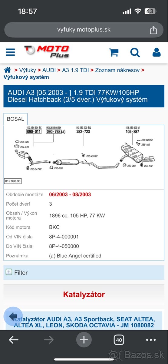 Výfuk Audi a3 8p 2003 1.9tdi