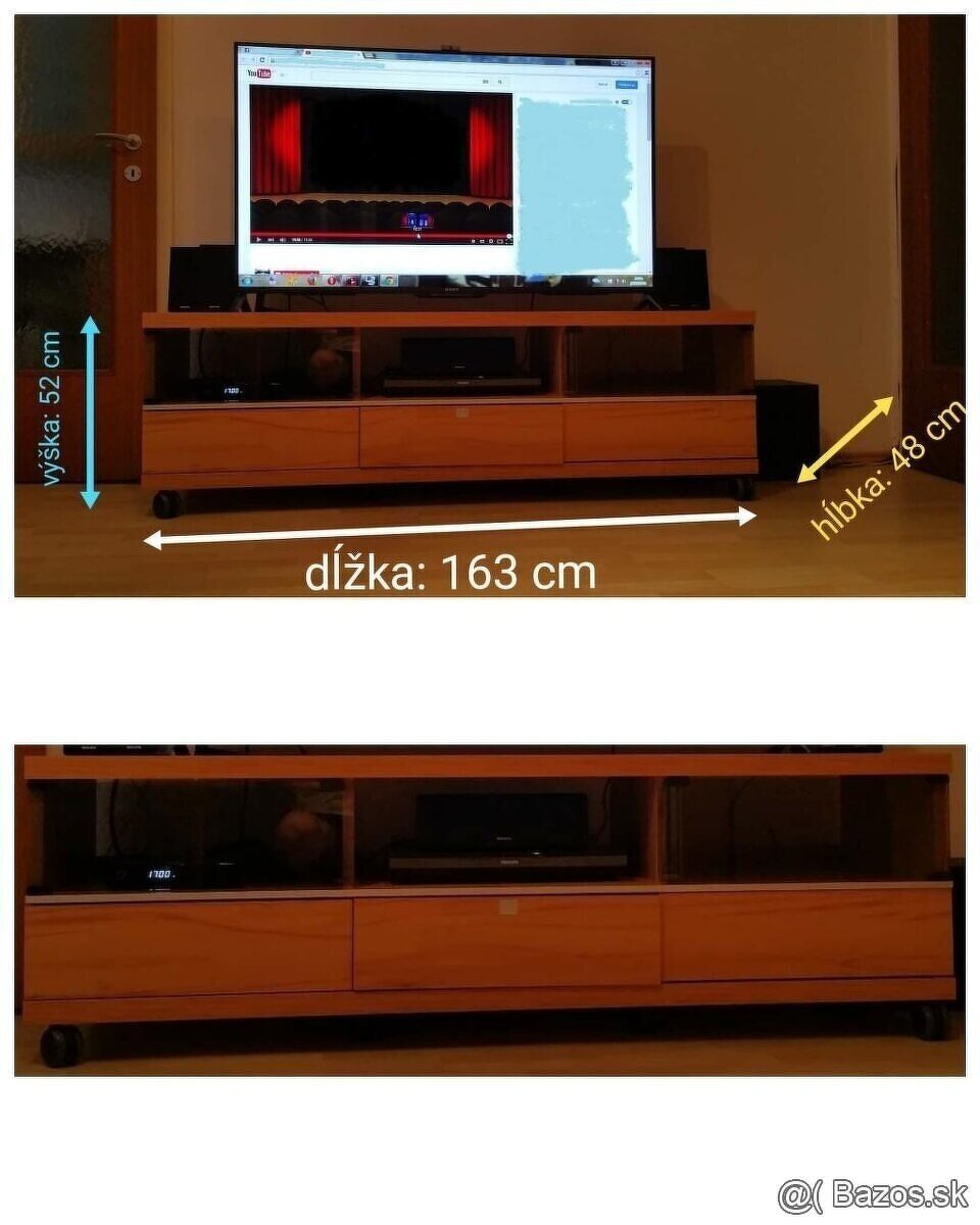 TV stolík 163 cm dlhý na kolečkách.