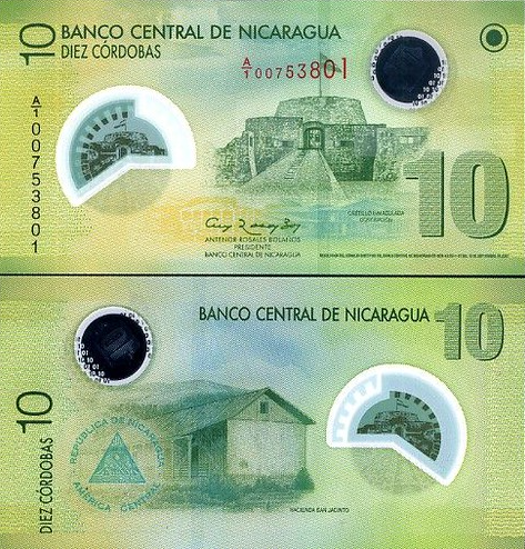 10 Córdobas Nikaragua 2009-12, polymer P201 UNC