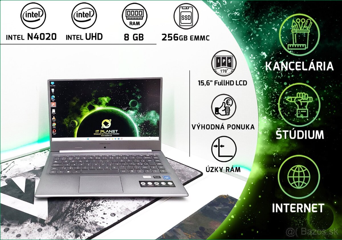 15,6" FullHD IPS Hliníkový NB MEDION®, Intel N4020/8GB