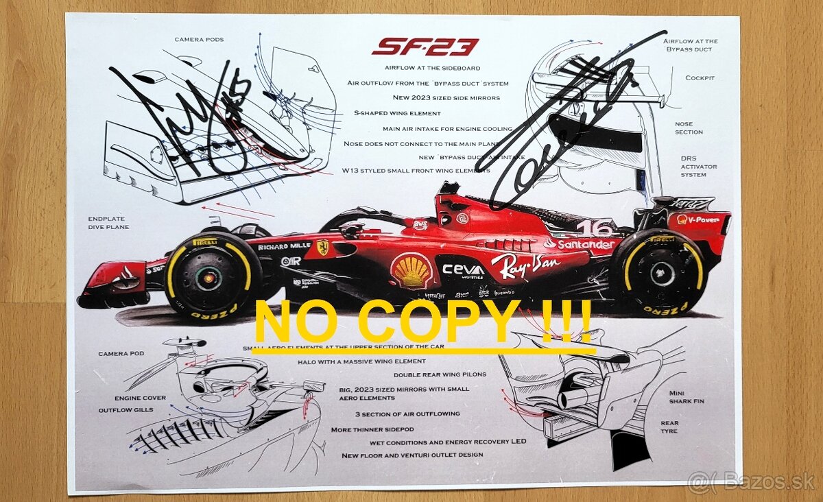 Technický výkres SF-23 Ferrari F1 autogram Leclerc a Sainz