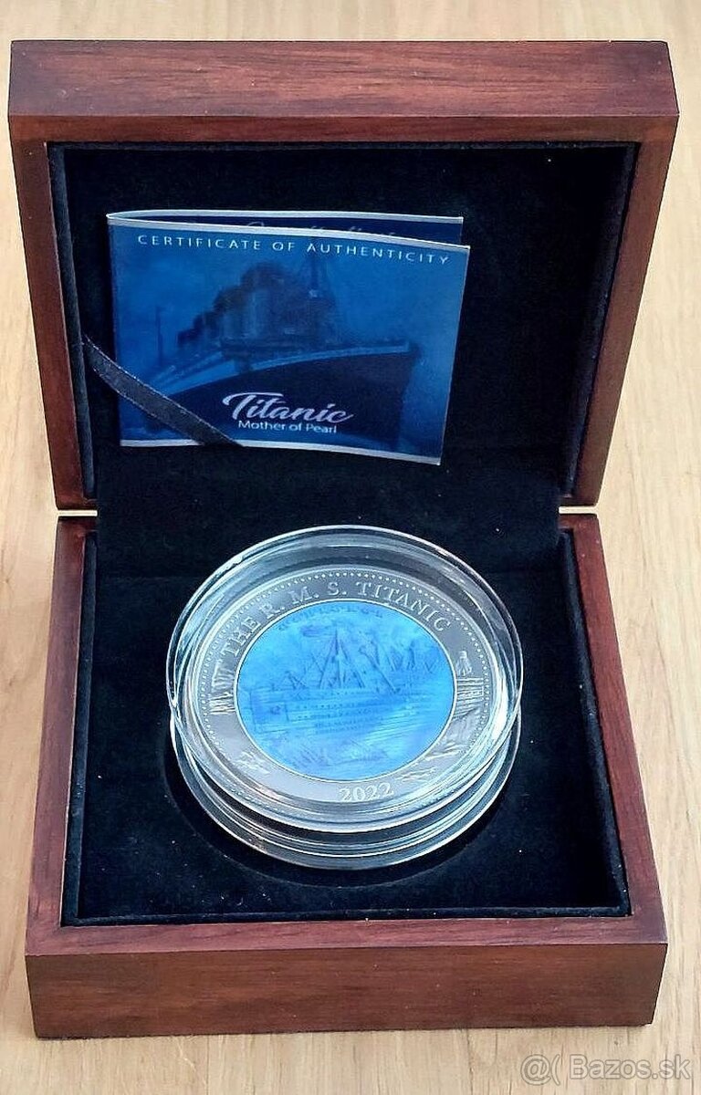 Titanic 110 let, stříbrná mince 5 oz Perleť Antique Finish