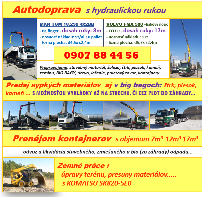 Autodoprava s hyd. rukou, predaj kameňa, prenáj. kontajnerov