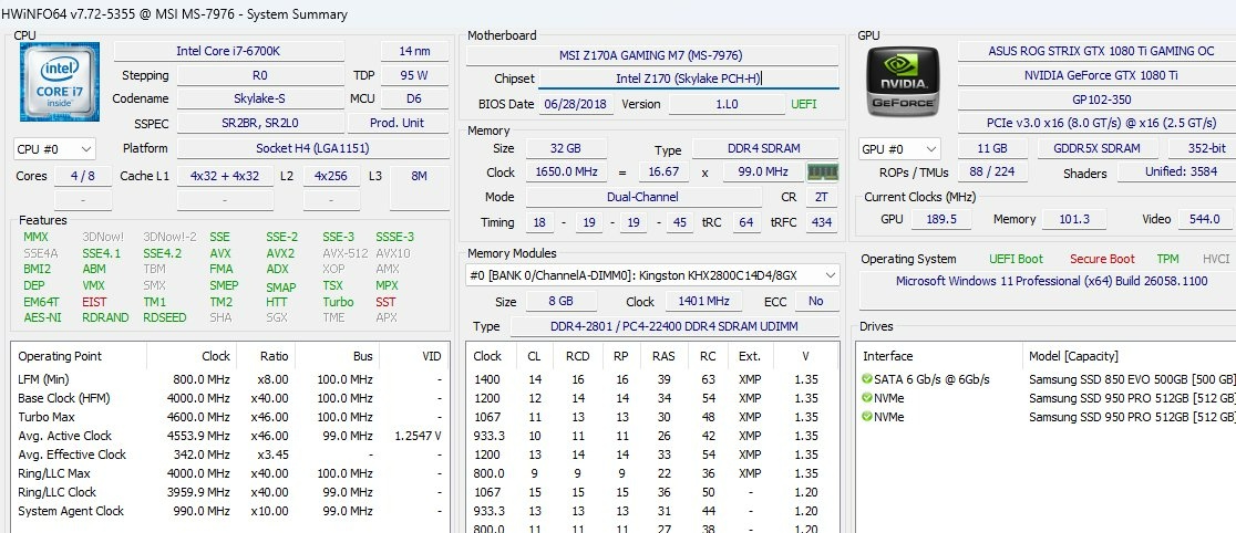 PC I7-6700K 4.6 GHZ 32GB RAM Nvidia 1080Ti