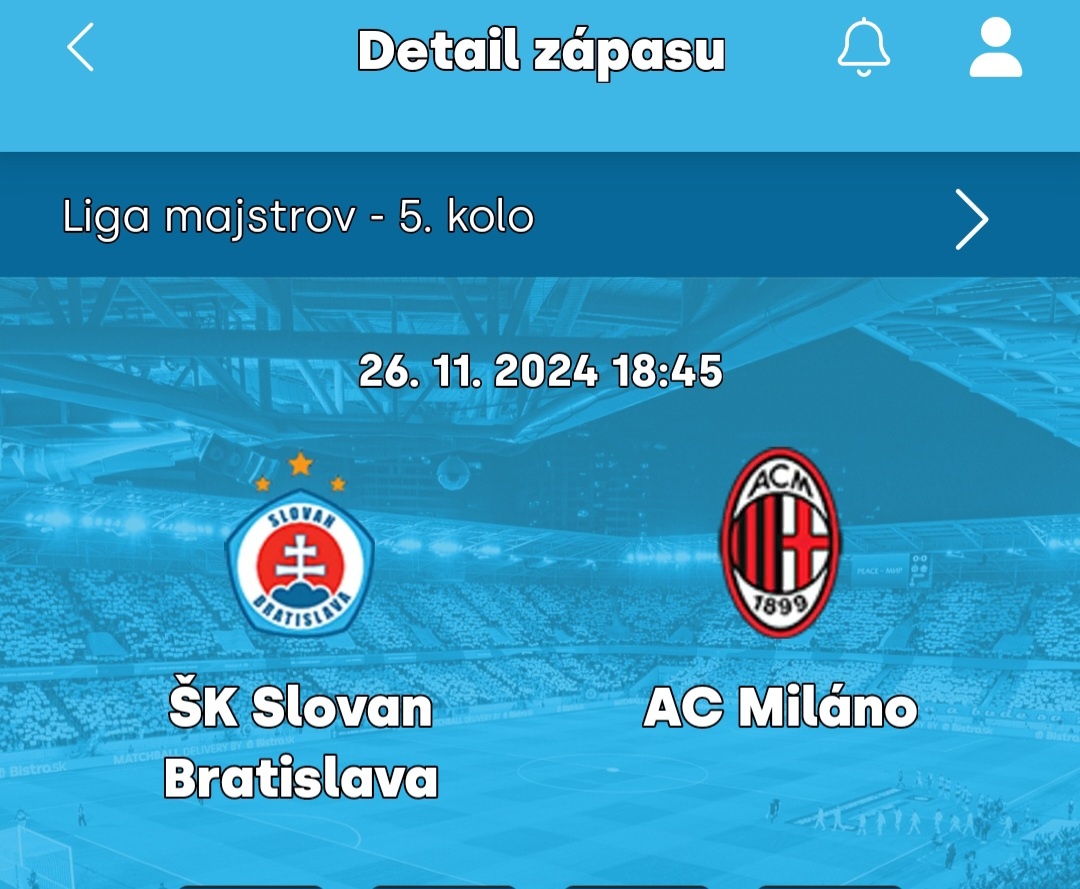 1 lístok Slovan Bratislava & AC Miláno 26.11.2024