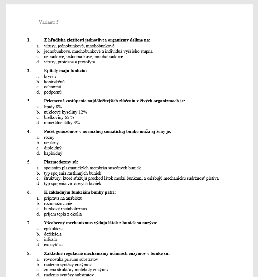 LF UK Bratislava vzorové testy, testovnice, riešené príklady