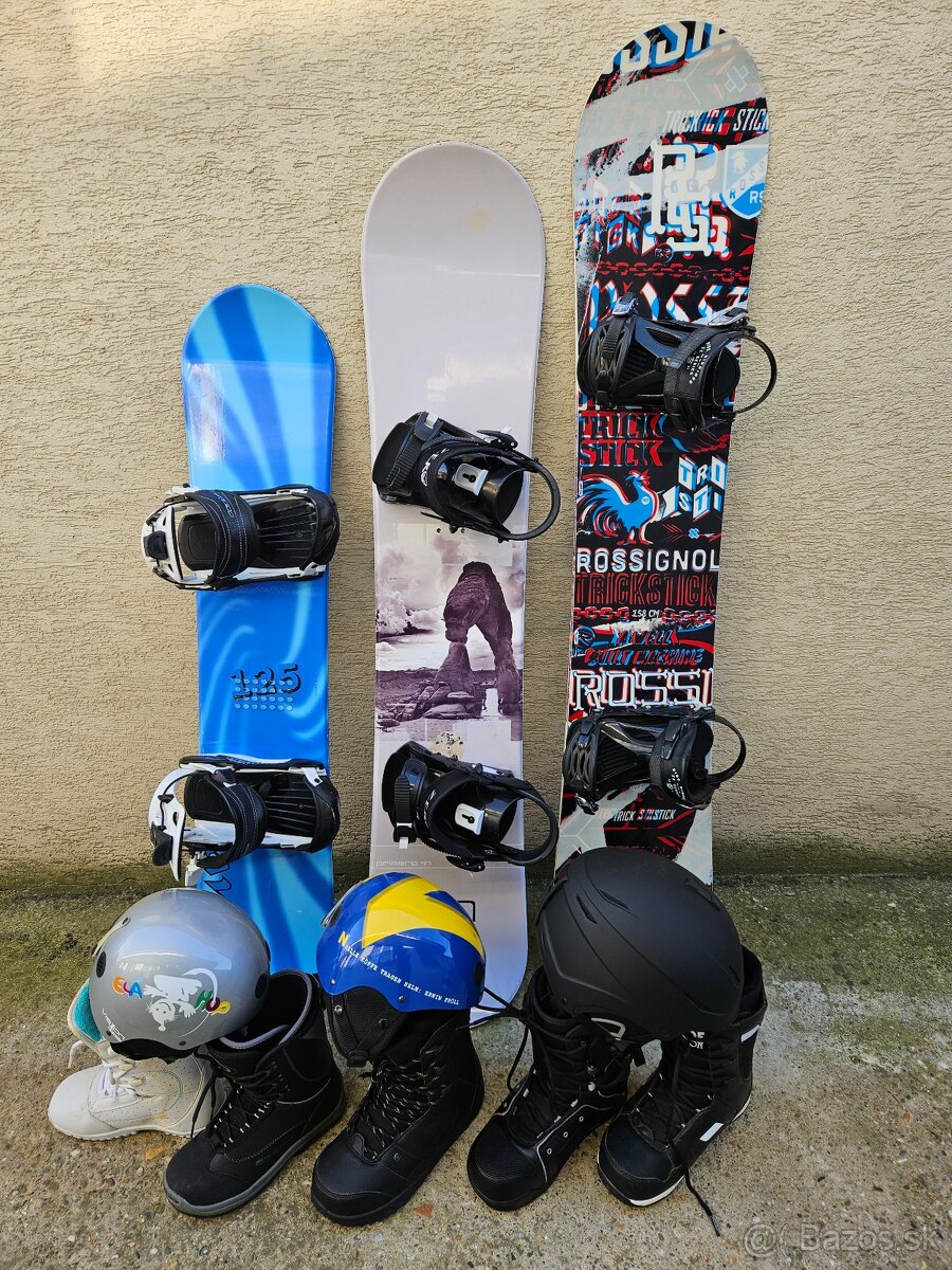 Snowboard 125cm, 143cm, 158cm, topanky, prilby