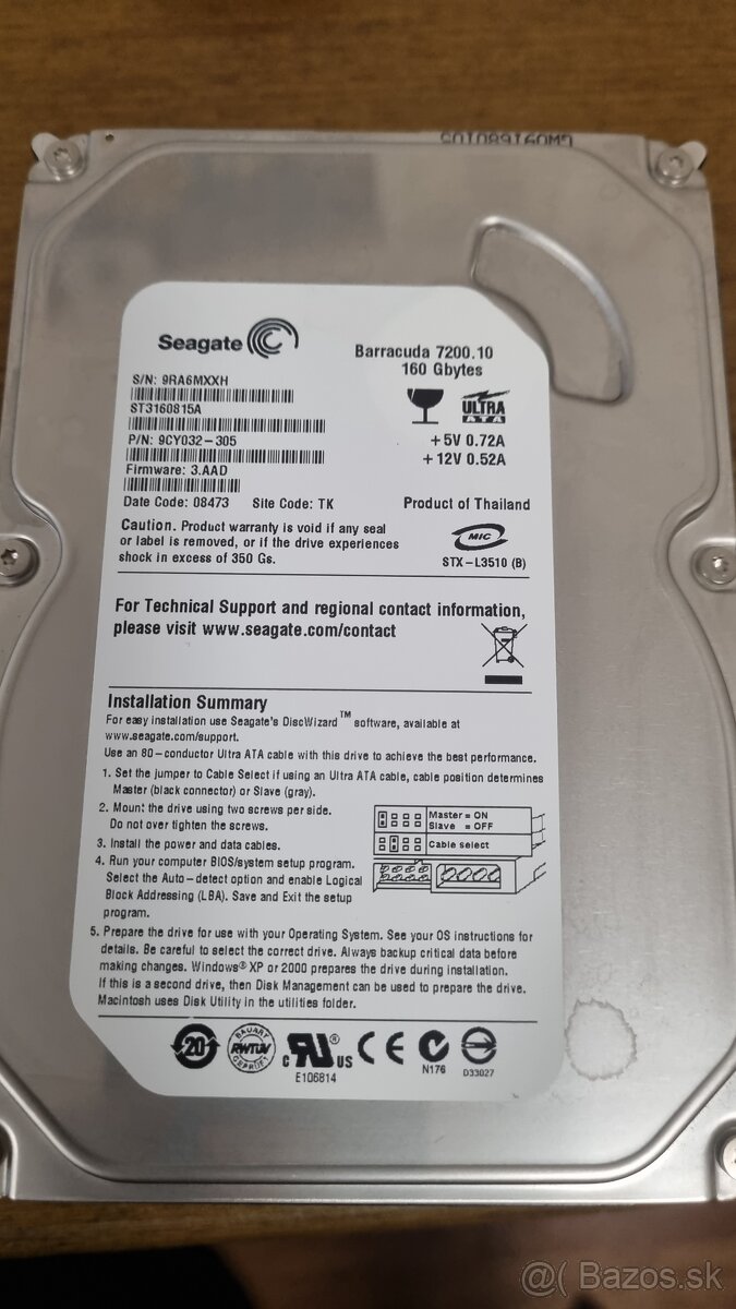 Pevný disk Seagate Barracuda 7200.10 T-Lite 160GB