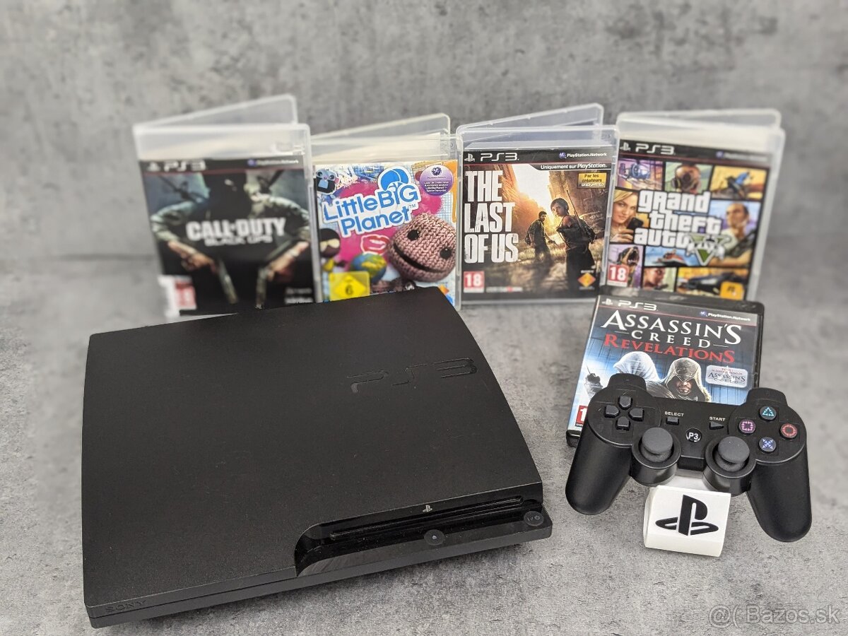 Playstation 3 Slim 1 ovládač, 5 hier (GTA, CoD, Last of Us+)