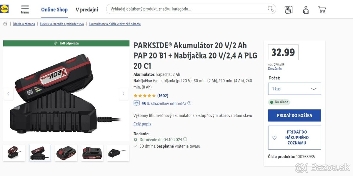 Parkside nabíjačka a akumulátor - NOVÉ zaruka 3 roky