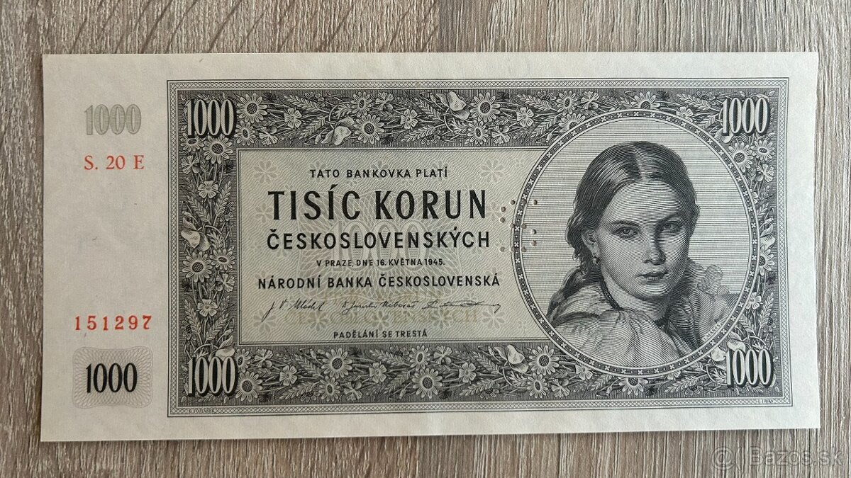 Bankovky 1000 Korun 1945 perforácia S UNC