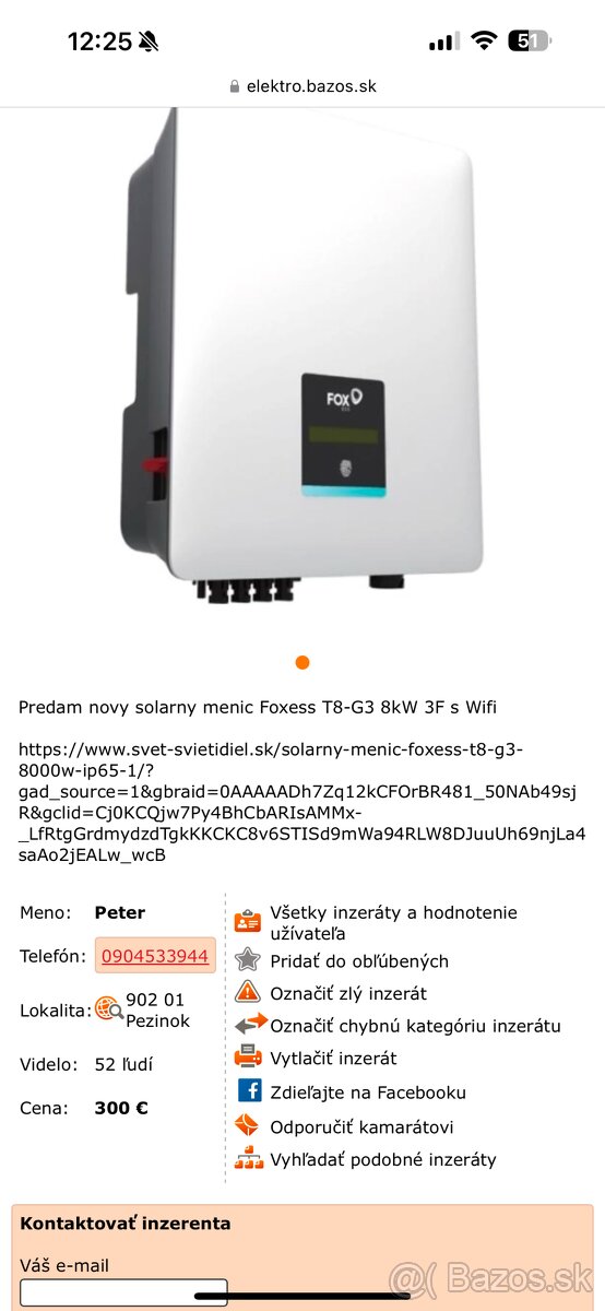 Predam novy solarny menic Foxess T8-G3 8kW 3F s Wifi  https: