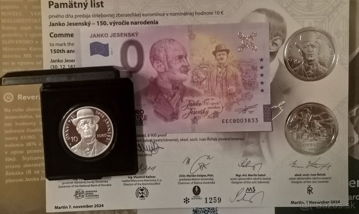 10 euro Janko Jesenský, proof /pamätný list /0 euro souvenir