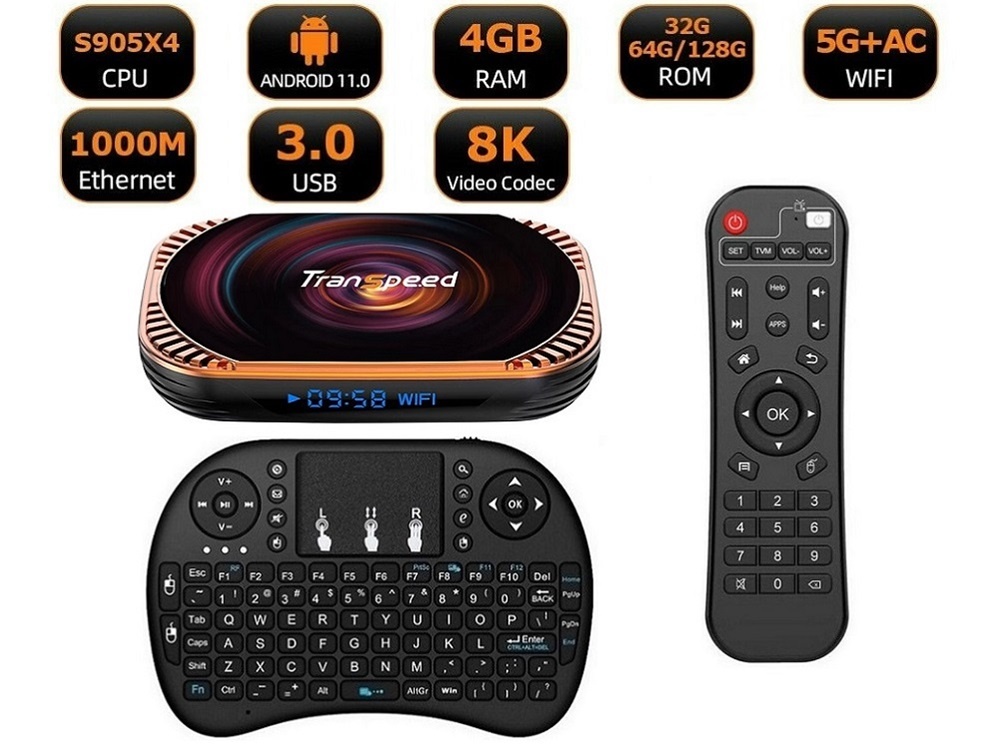 Android 11 TV Box, Transpeed X4, 4/32GB, S905X4, Kláv. s Tou