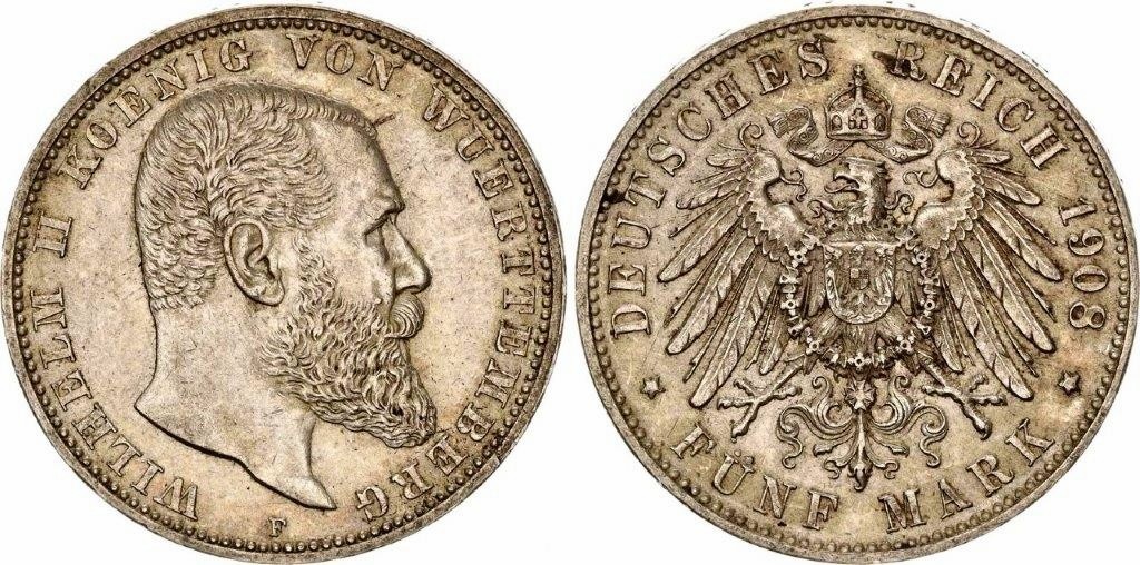 5 marka 1908 Wurttemberg Kaissereich TOP