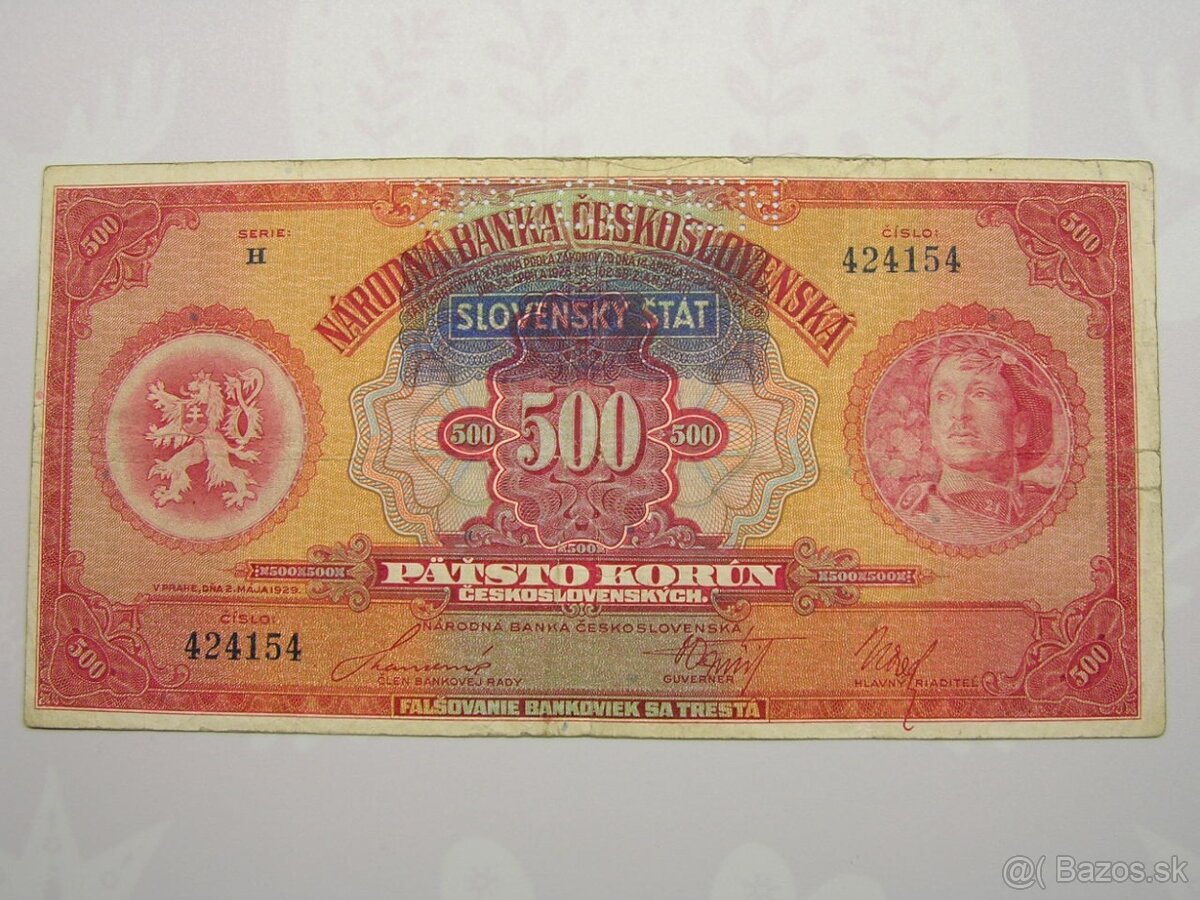 500 Kor.1929 pretlač: SLOVENSKÝ ŠTÁT -1x PERF.