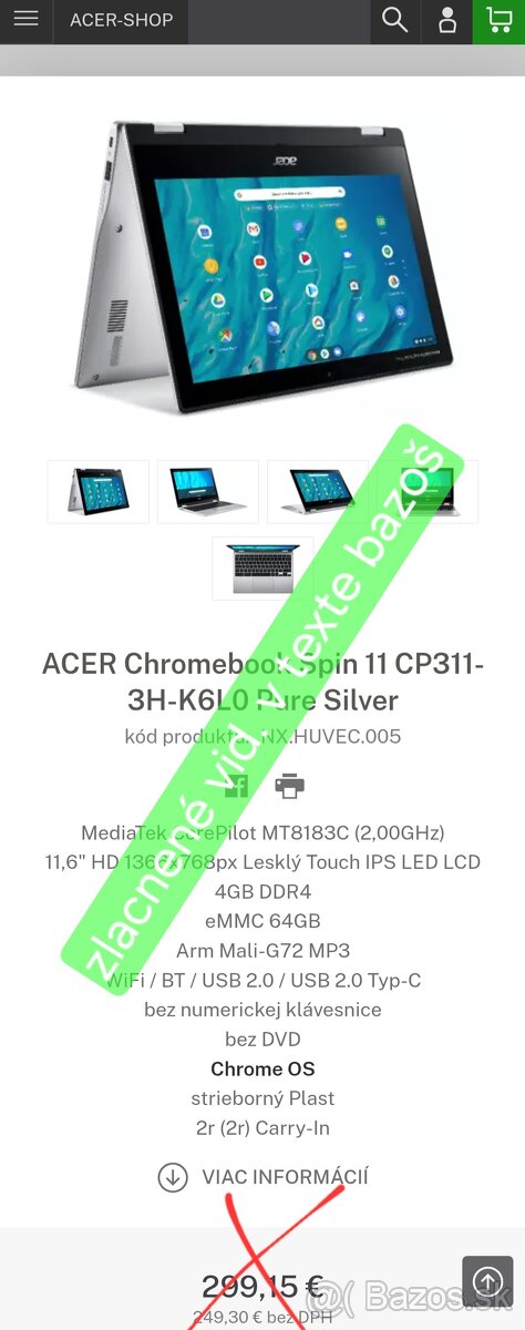 Predám nepoužitý Notebook Acer Chromebook Spin 11 CP311-3H