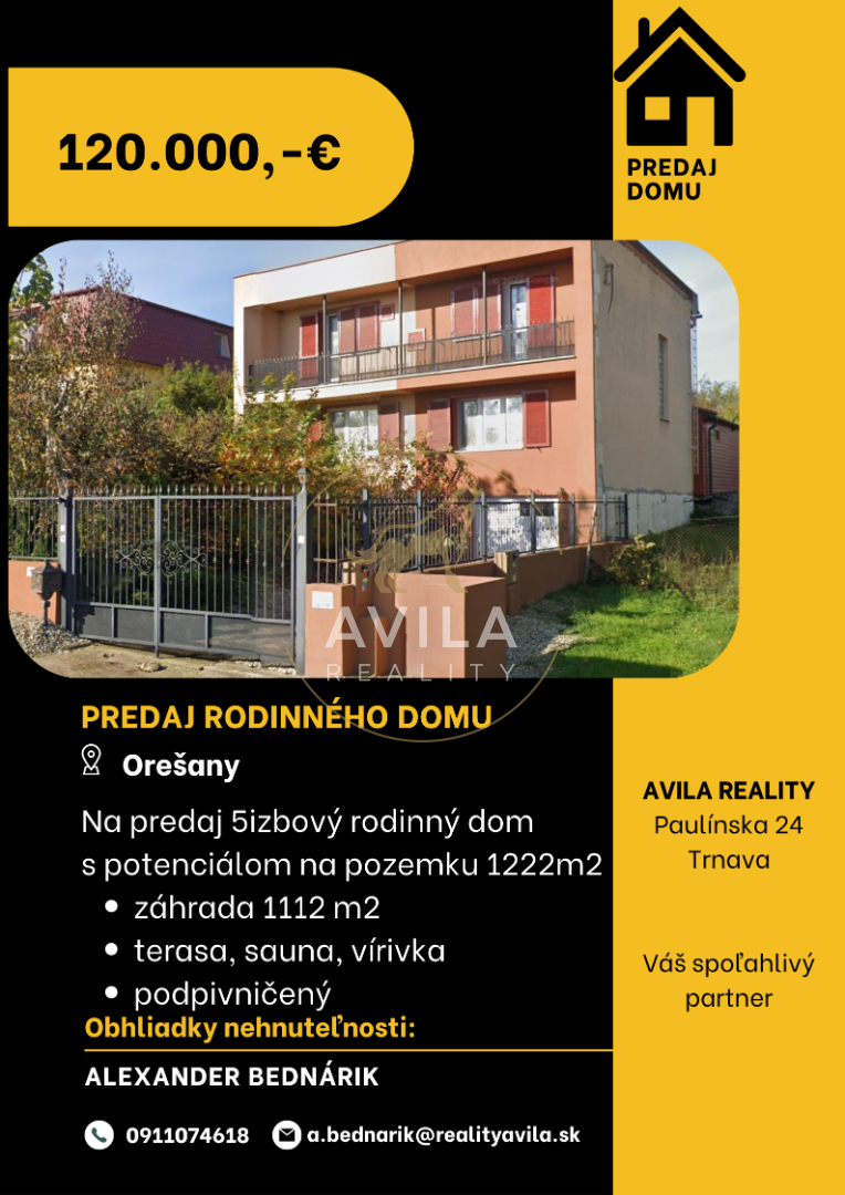 NA PREDAJ: 5izbový RD s pekným pozemkom 1222m2 - Orešany