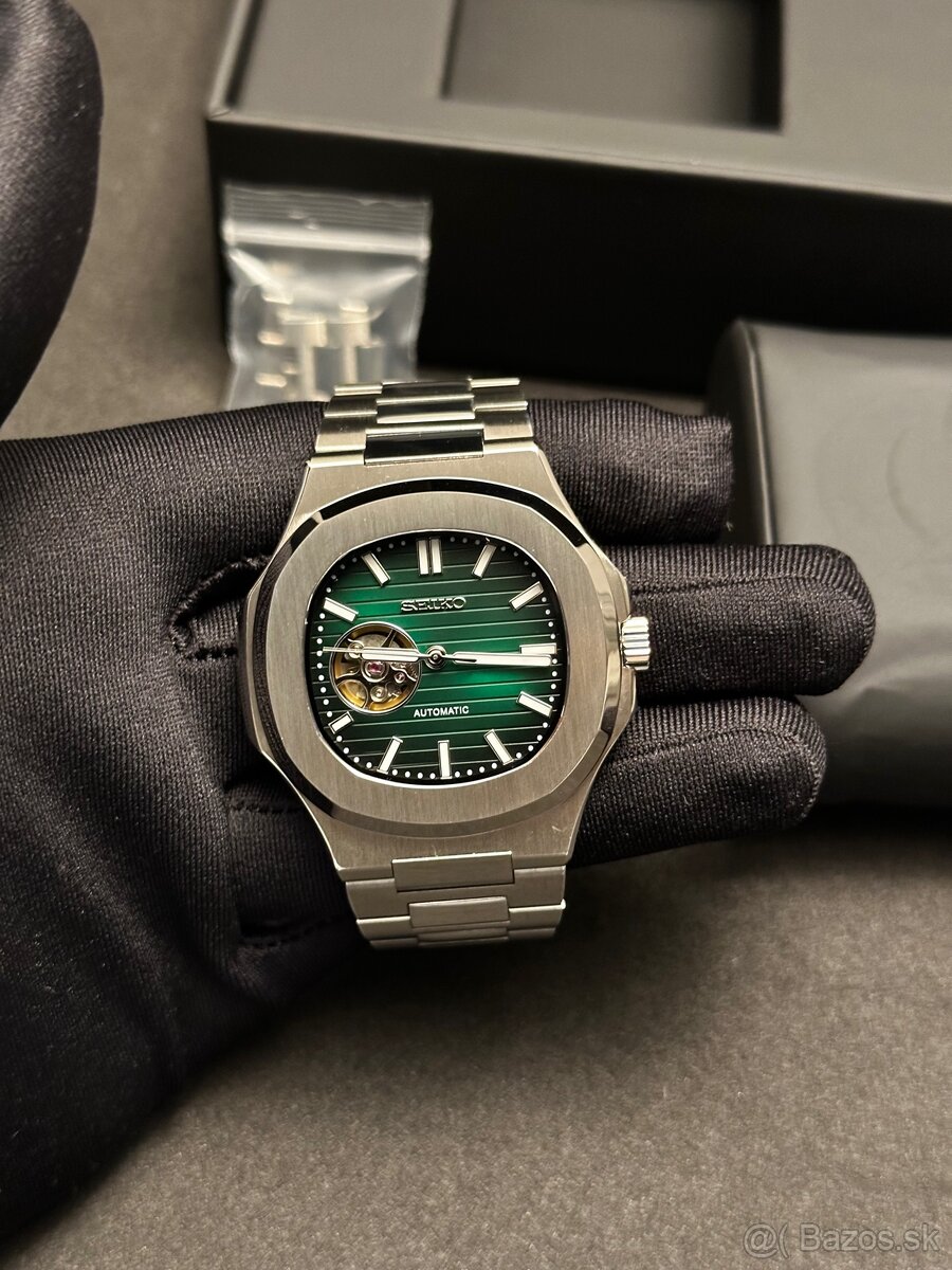 Seiko mod Nautilus Open Heart Green